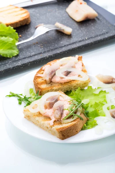 Sanduíche com salada, arenque e ervas com cebolas em uma chapa — Fotografia de Stock