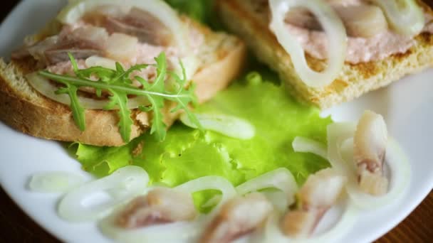 Sándwich con ensalada, arenque y hierbas con cebolla en un plato — Vídeos de Stock