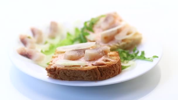 Sándwich con ensalada, arenque y hierbas con cebolla en un plato — Vídeo de stock