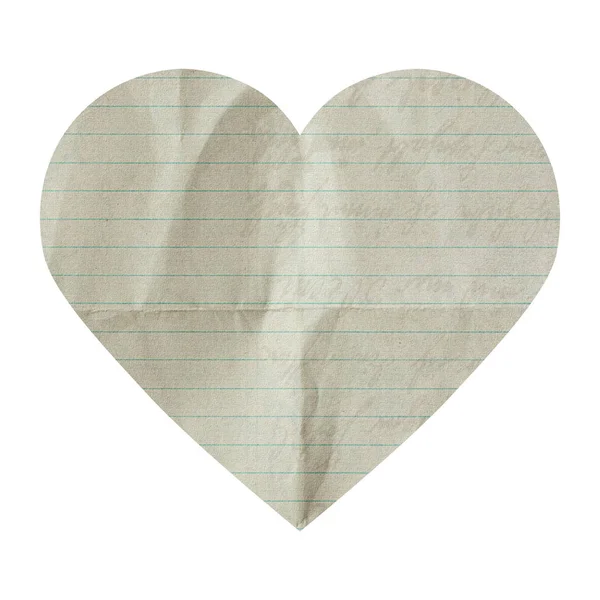 Heart Lined White Old Wrinkled Paper Texture Isolated White Background — Stock Photo, Image