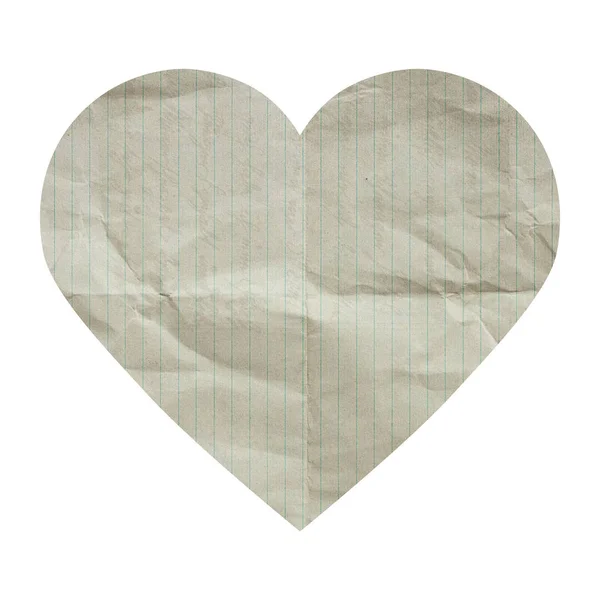 Heart Lined White Old Wrinkled Paper Texture Isolated White Background — Stock Photo, Image