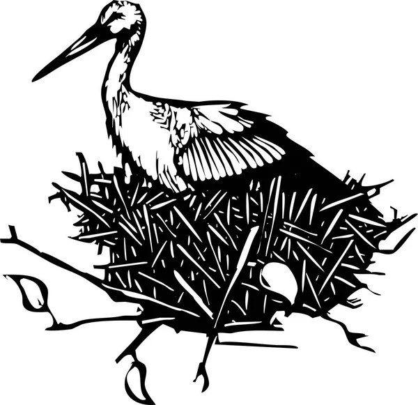 Nesting woodcut Stork — Stock Vector