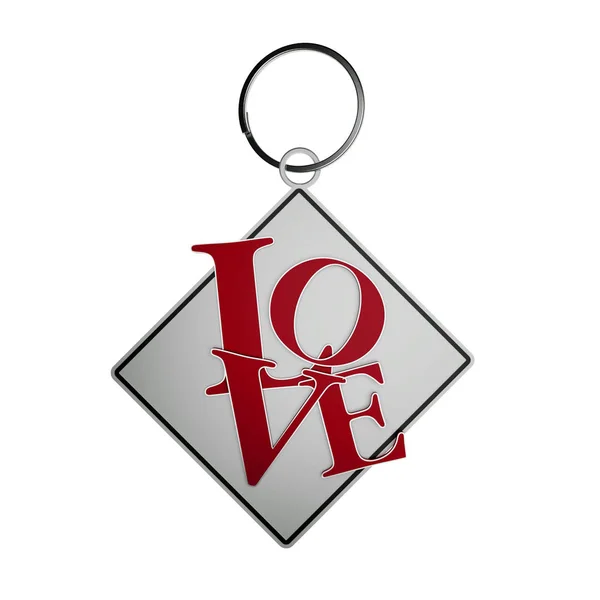 sign with the word love key chain silver with ring, 3d render, 3d illustration isolated over white background