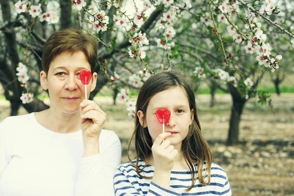 Мать и дочь в цветущем парке — стоковое фото