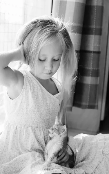 Niña con lindo gatito — Foto de Stock