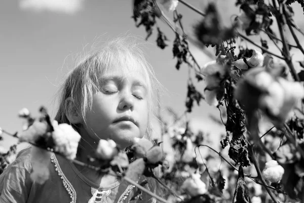 Czarno Biały Portret Urocza Dziewczynka Zewnątrz Polu Bawełny — Zdjęcie stockowe