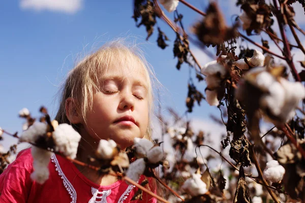 Портрет Чарівної Маленької Дівчинки Відкритому Повітрі Бавовняному Полі — стокове фото