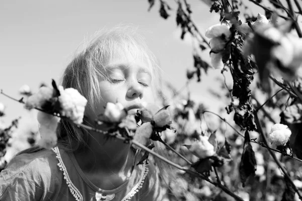 Retrato Blanco Negro Una Adorable Niña Aire Libre Campo Algodón — Foto de Stock