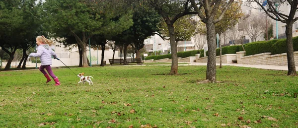 Year Old Girl Walking Puppy Park — Stock Photo, Image