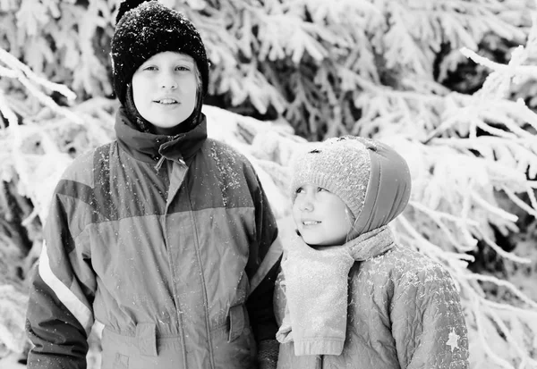 Зимовий Портрет Щасливої Річної Дівчини Аутистичним Річним Братом Відкритому Повітрі — стокове фото