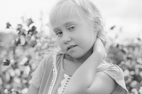 一个可爱的小女孩在棉田户外的肖像 — 图库照片