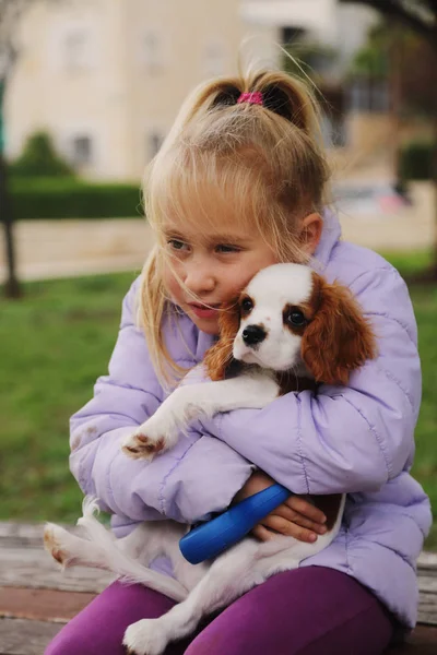 Ans Fille Marche Avec Chiot Dans Parc — Photo