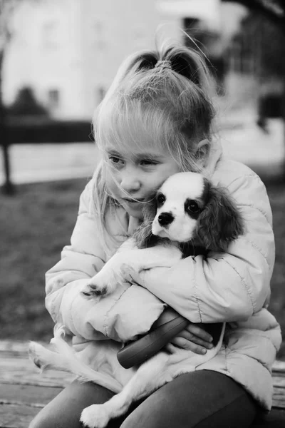 年の古い女の子を公園で子犬と歩いています — ストック写真