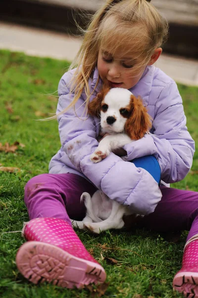 Ans Fille Marche Avec Chiot Dans Parc — Photo