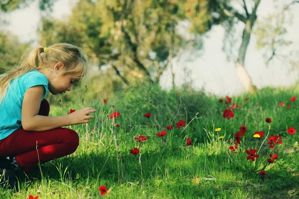 Little girl sitting on meadow — Stock Photo, Image