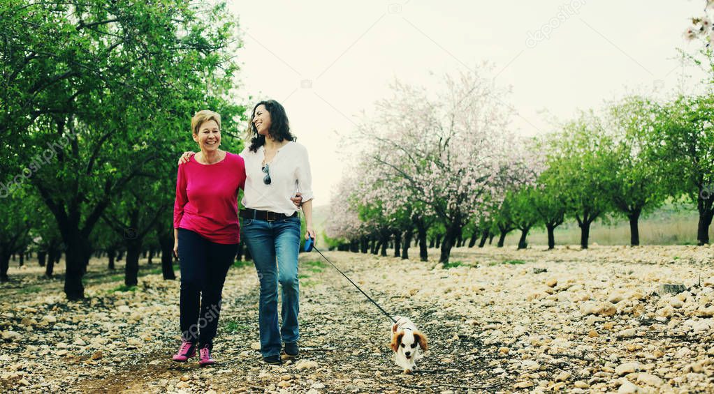 beautiful women walking in spring apple garden with dog 