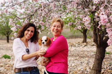 Güzel kadınlar şirin köpek yavrusu ile çiçek açması bahar elma bahçesinde ellerinde yürüyüş portresi