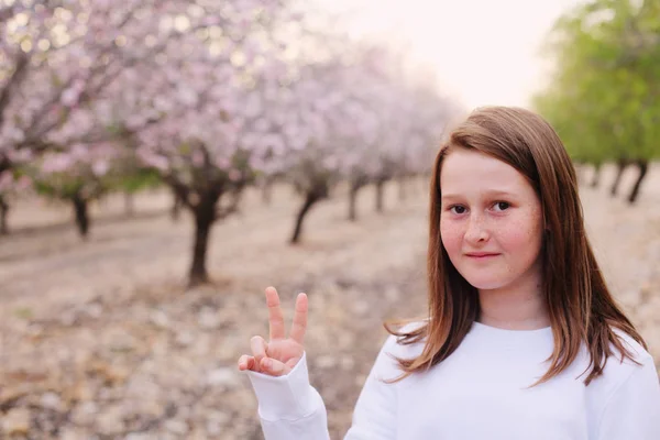 Closeup Portrait Teen Girl Walking Rural Blossom Park Daytime — Stock Photo, Image