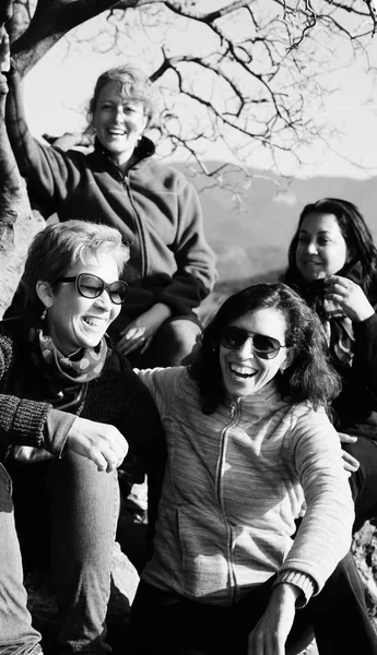 Retrato Livre Mulheres Felizes Meia Idade Viajando Juntas Montanhas Durante — Fotografia de Stock
