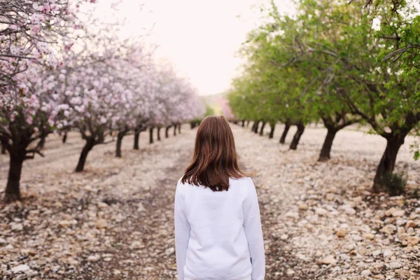 Güzellik Genç Kız Gündüz Kırsal Çiçeği Park Yürüyüş Arkadan Görünüm — Stok fotoğraf