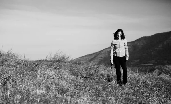 Outdoor Portrait Happy Middle Aged Woman Walking Autumn Meadow — Stock Photo, Image