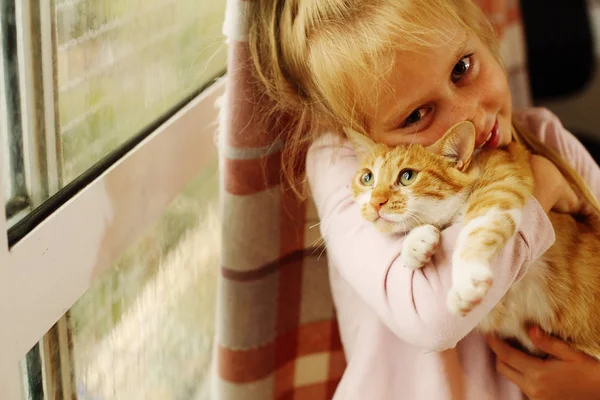 Портрет Семирічної Дівчини Тримає Милий Червоний Кіт — стокове фото