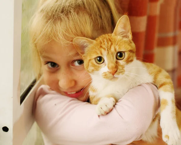 歳女児持株かわいい赤猫の肖像画 — ストック写真