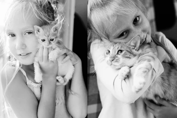 Retrato Niña Siete Años Sosteniendo Lindo Gato Rojo Cerca Del — Foto de Stock