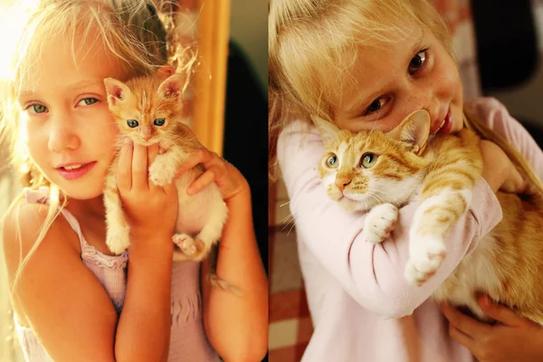 ミラーの近く 年古い女の子持株かわいい赤猫の肖像画 — ストック写真