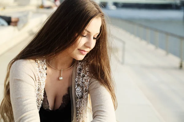 Beautiful Stylish Woman Sitting Street Stairs Summer Day — Stock Photo, Image