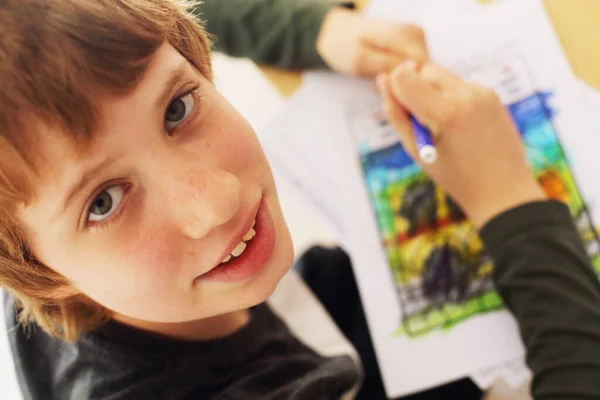Cute Years Old Autistic Boy Drawing — Stock Photo, Image
