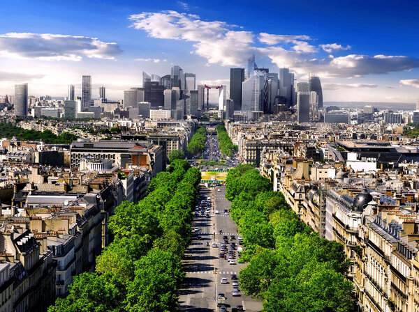 View on avenue de la Grande Armee and modern district la Defence from Arc de Triomphe in Paris, France