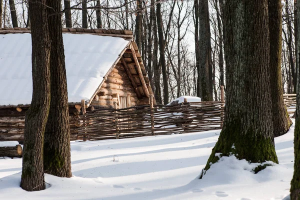 Sunny view of cottage in winter countryside — Stock Photo, Image