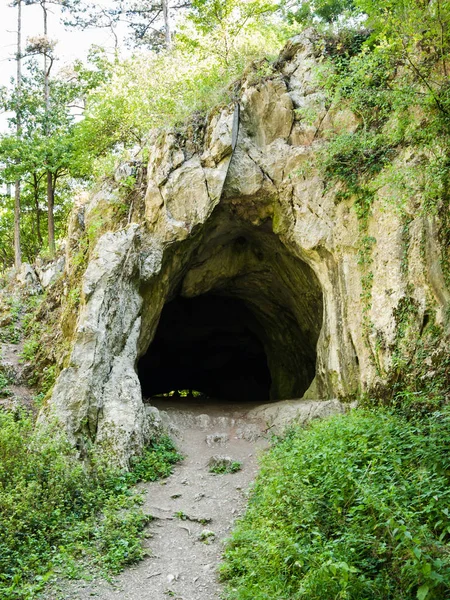 Caverna na rocha cercada por folhagem verde — Fotografia de Stock