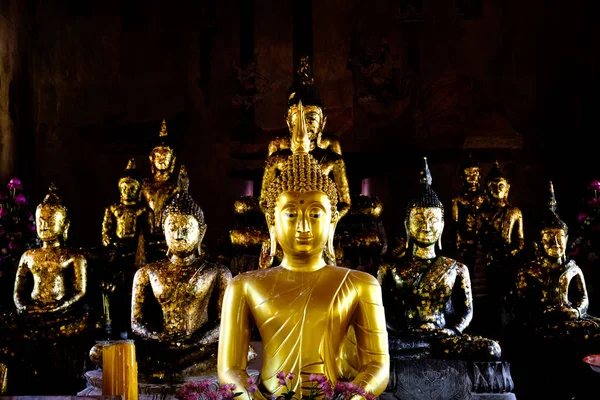 Veel gouden Boeddhabeeld geregeld een kleurrijke van zwarte pagina — Stockfoto