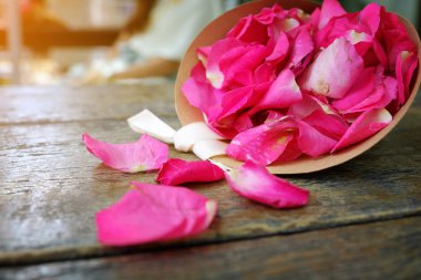 Çiçek kırmızı gül yaprakları üzerinde ahşap arka plan, Sevgililer Günü'lar ba