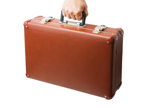 Vecchia valigia in mano maschile — Foto Stock