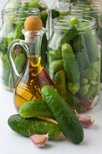 Harvesting and canning cucumbers — Stock Photo, Image