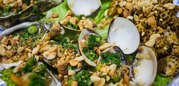 Verse oesters in een bord met kruiden en citroen — Stockfoto