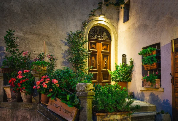 夜にフラワー ポットと花で飾られた古い家のドア — ストック写真