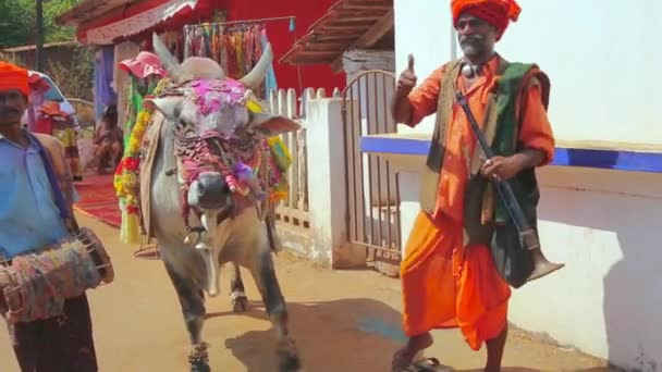 Inde Goa Mars 2017 Musiciens Avec Taureau Formé Sur Marché — Video