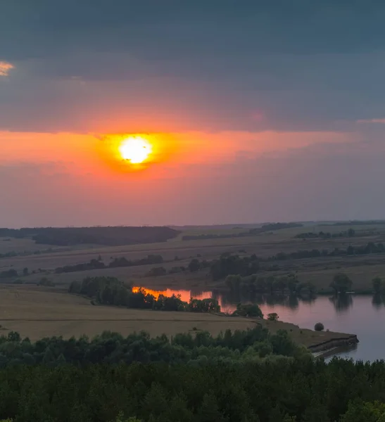 Panorama River Fields Forests Background Sunset Clouds — Stock Photo, Image