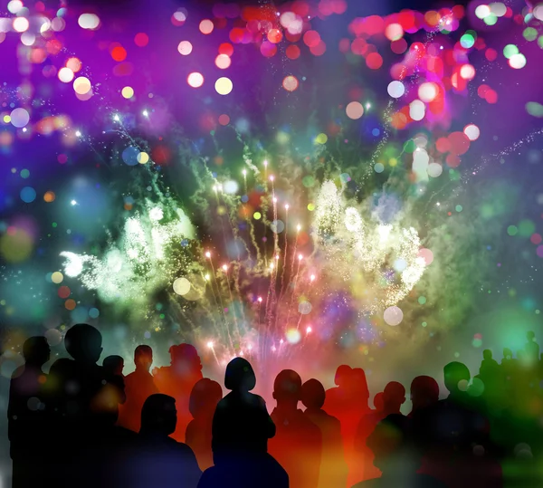 Bright sparkling fireworks, confetti and illustrated spectator s — Stock Photo, Image