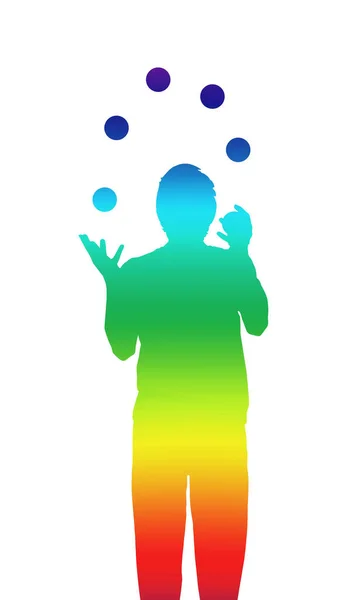 Person in shifting rainbow colors juggling blue balls — Stock Photo, Image