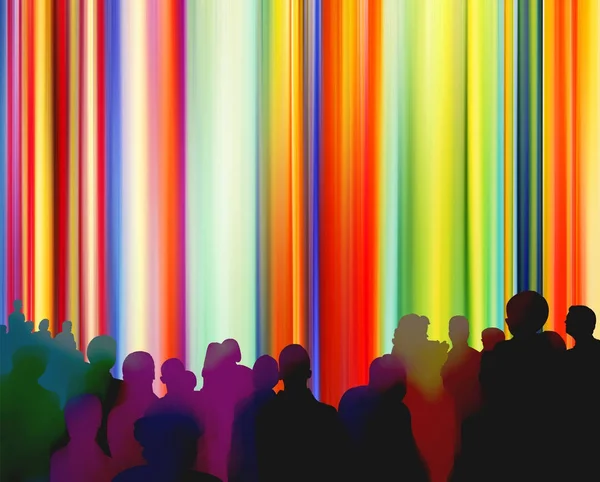Espectadores na frente de uma cortina colorida brilhante — Fotografia de Stock