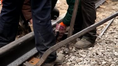 Rayları sürgüleyen demiryolu işçileri