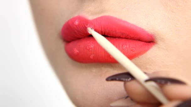 Vrouw Doet Make Lippen Close — Stockvideo
