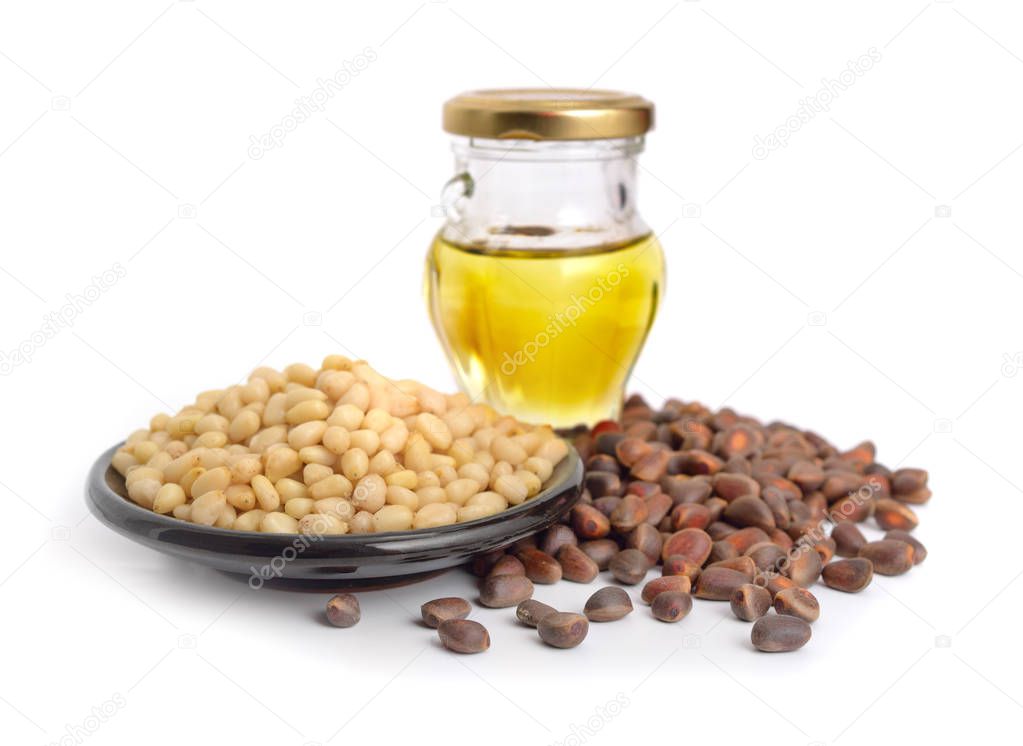 Shelled pine nuts with oil.