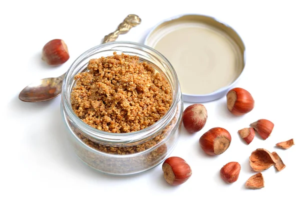 Homemade praline in the glass jar. With nuts. — Stock Photo, Image