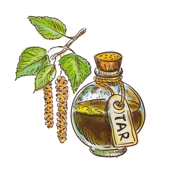 Catrame di betulla in bottiglia con ramoscello. Imitazione acquerello con sk — Vettoriale Stock
